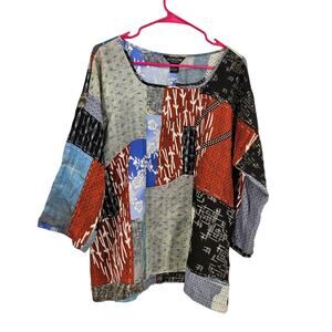 Citron Santa Monica Blouse Top Black Red Silk Patchworks Long Sleeve Size M